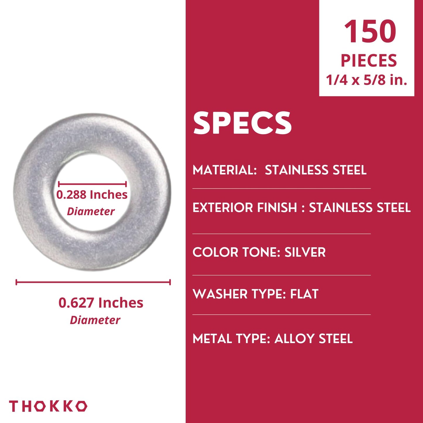Thokko 1/4"" Stainless Flat Washer, 5/8"" Outside Diameter, 18-8 (304) Stainless Steel Smooth Surface Flat Washers - 150 Pack, Silver