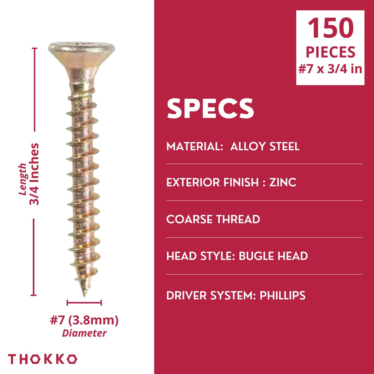 Thokko Zinc Coated Coarse Thread Countersunk Phillips Heavy Duty Wood/Self Drilling Drywall Screws with Bugle Head