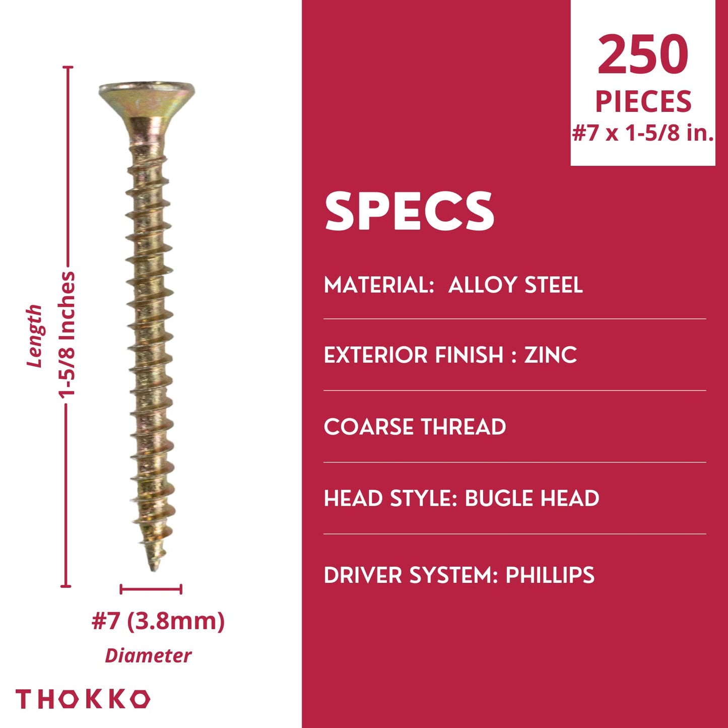 Thokko Zinc Coated Coarse Thread Countersunk Phillips Heavy Duty Wood/Self Drilling Drywall Screws with Bugle Head
