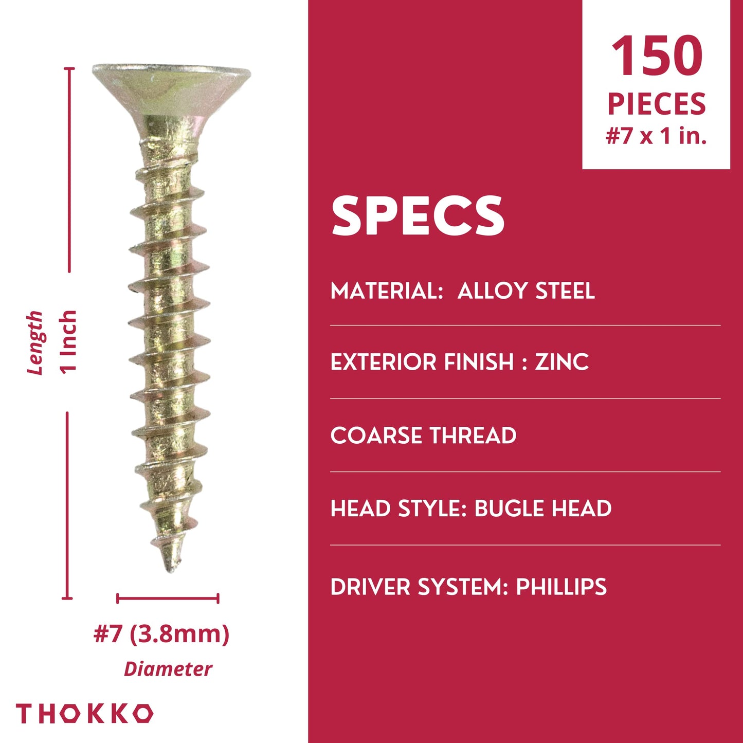 Thokko Zinc Coated Coarse Thread Countersunk Phillips Heavy Duty Wood/Self Drilling Drywall Screws with Bugle Head