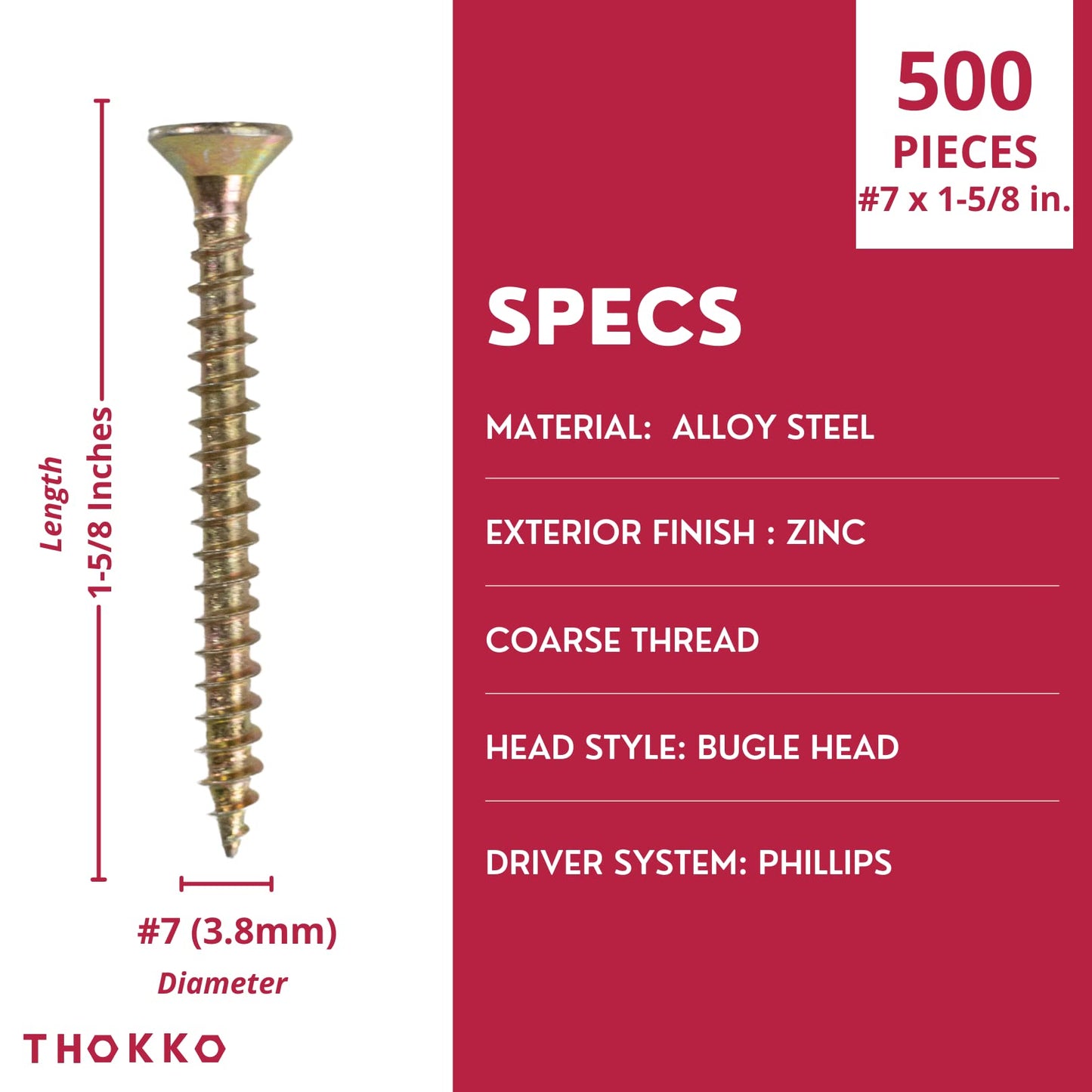 Thokko Zinc Coated Coarse Thread Countersunk Phillips Heavy Duty Wood/Self Drilling Drywall Screws with Bugle Head
