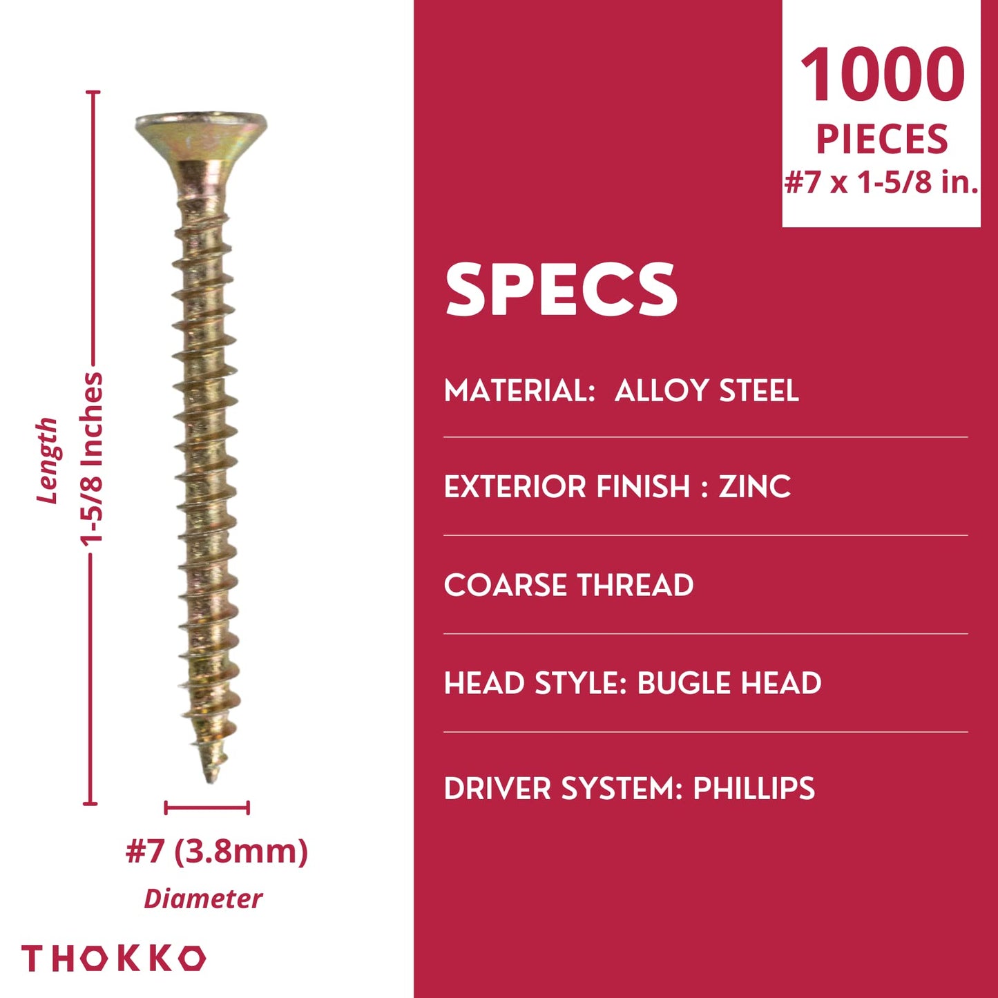 Thokko Zinc Coated Coarse Thread Countersunk Phillips Heavy Duty Wood/Self Drilling Drywall Screws with Bugle Head