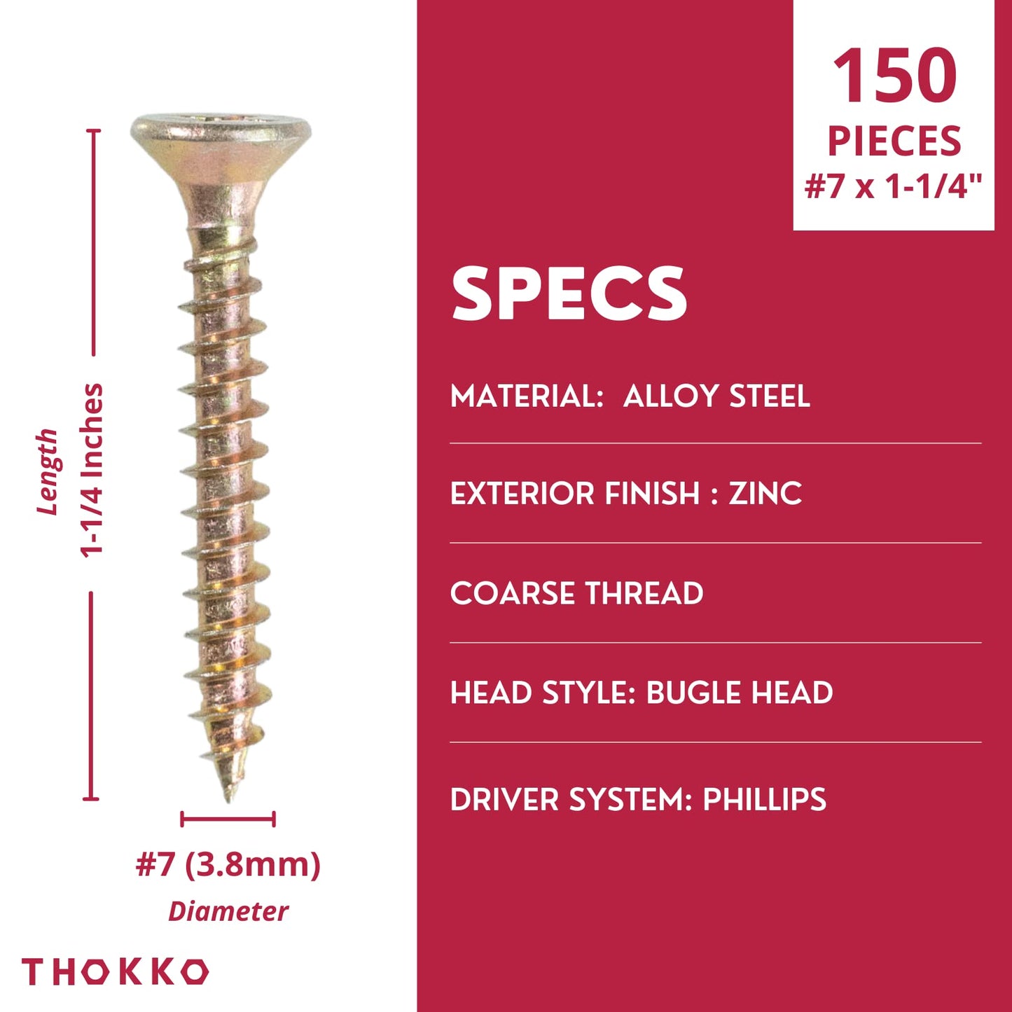 Thokko Zinc Coated Coarse Thread Countersunk Phillips Heavy Duty Wood/Self Drilling Drywall Screws with Bugle Head
