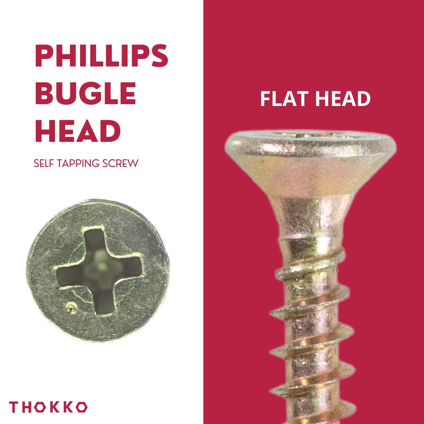 Thokko Zinc Coated Coarse Thread Countersunk Phillips Heavy Duty Wood/Self Drilling Drywall Screws with Bugle Head
