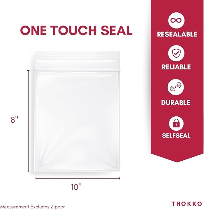THOKKO Clear Reclosable Bags, Single Single Track Zipper 4 MIL Thickness Zip Plastic Poly Bags (100 Pcs)