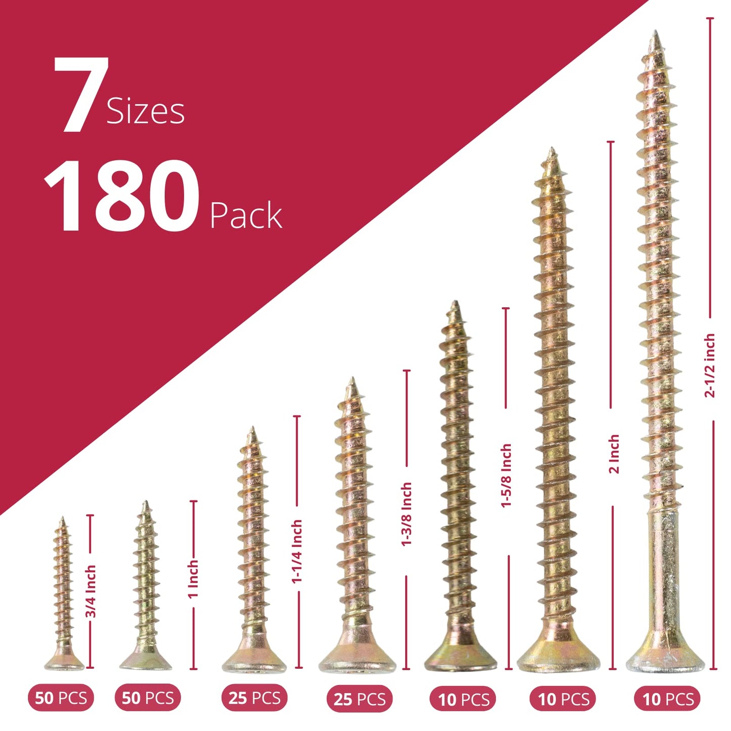 Thokko Zinc Coated Coarse Thread Countersunk Phillips 7 Sizes Heavy Duty Wood/Self Drilling Drywall Screws with Bugle Head 180 pcs Screw Set