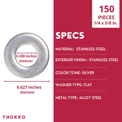 Thokko 1/4"" Stainless Flat Washer, 5/8"" Outside Diameter, 18-8 (304) Stainless Steel Smooth Surface Flat Washers - 150 Pack, Silver