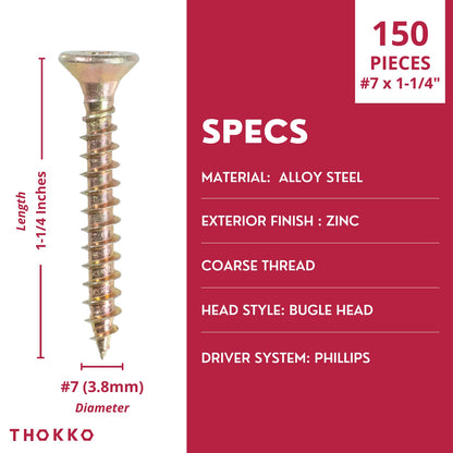 Thokko Zinc Coated Coarse Thread Countersunk Phillips Heavy Duty Wood/Self Drilling Drywall Screws with Bugle Head